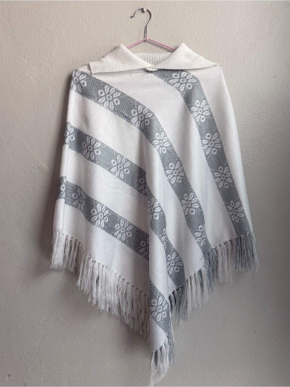 White & Light Gray Striped Fringe Poncho Cape
